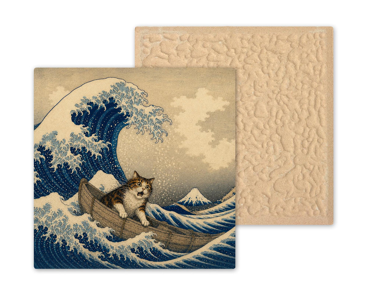 Funny Cat Ceramic Art Tile: Cat and the Great Wave Famous Painting Parody Wall Decor Art Lover Gift Quirky Home Decor Art