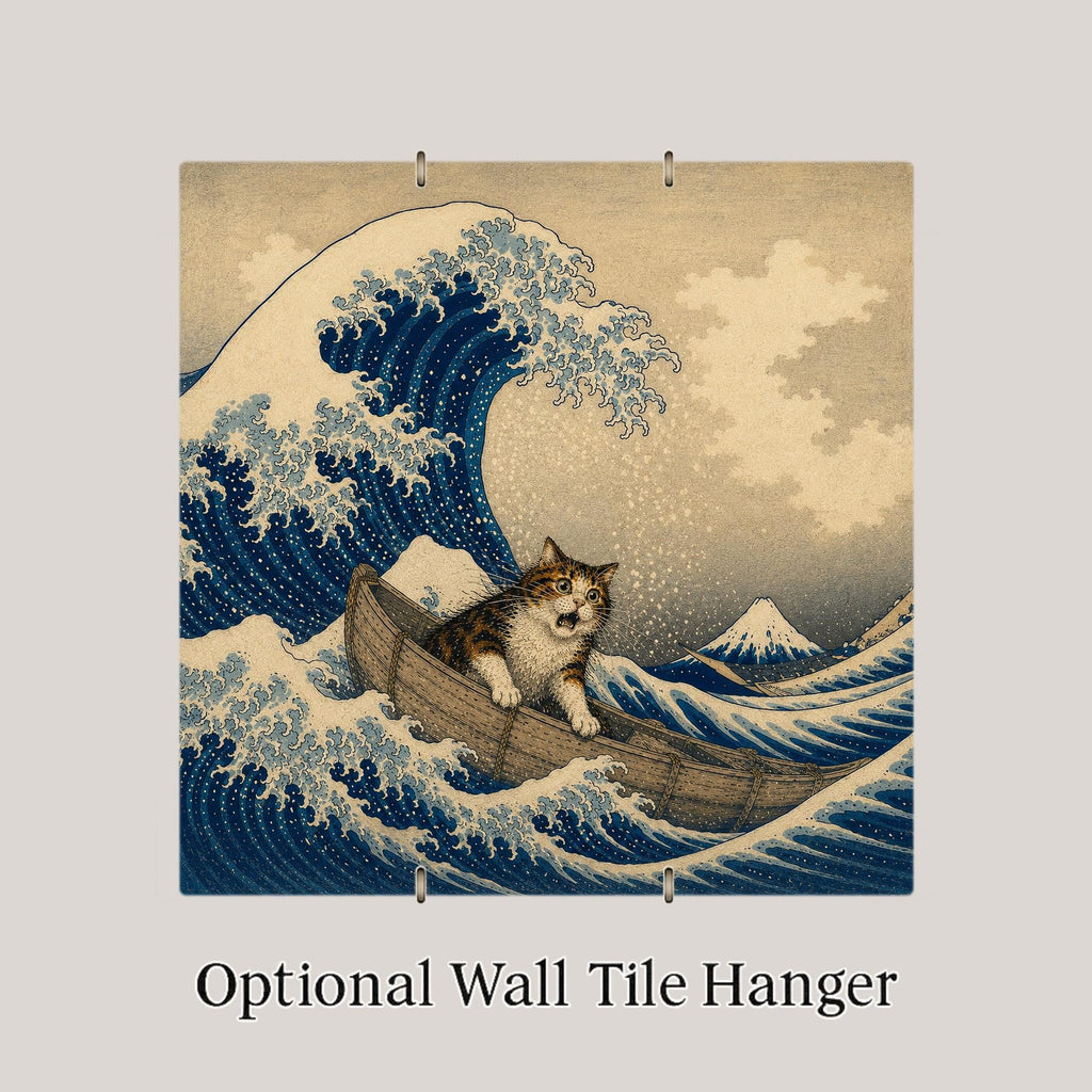 Funny Cat Ceramic Art Tile: Cat and the Great Wave Famous Painting Parody Wall Decor Art Lover Gift Quirky Home Decor Art