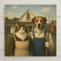 Funny ceramic art tile featuring a grim-faced calico cat and a serious brown-and-white dog standing in for the famous American Gothic farm couple with a pitchfork, in flat American Regionalist style, in denim blue, brown, cream, and farmhouse white. Art history parody cat and dog lover gift with optional tile wall hanger, easel stand, cork backing, or display frame.