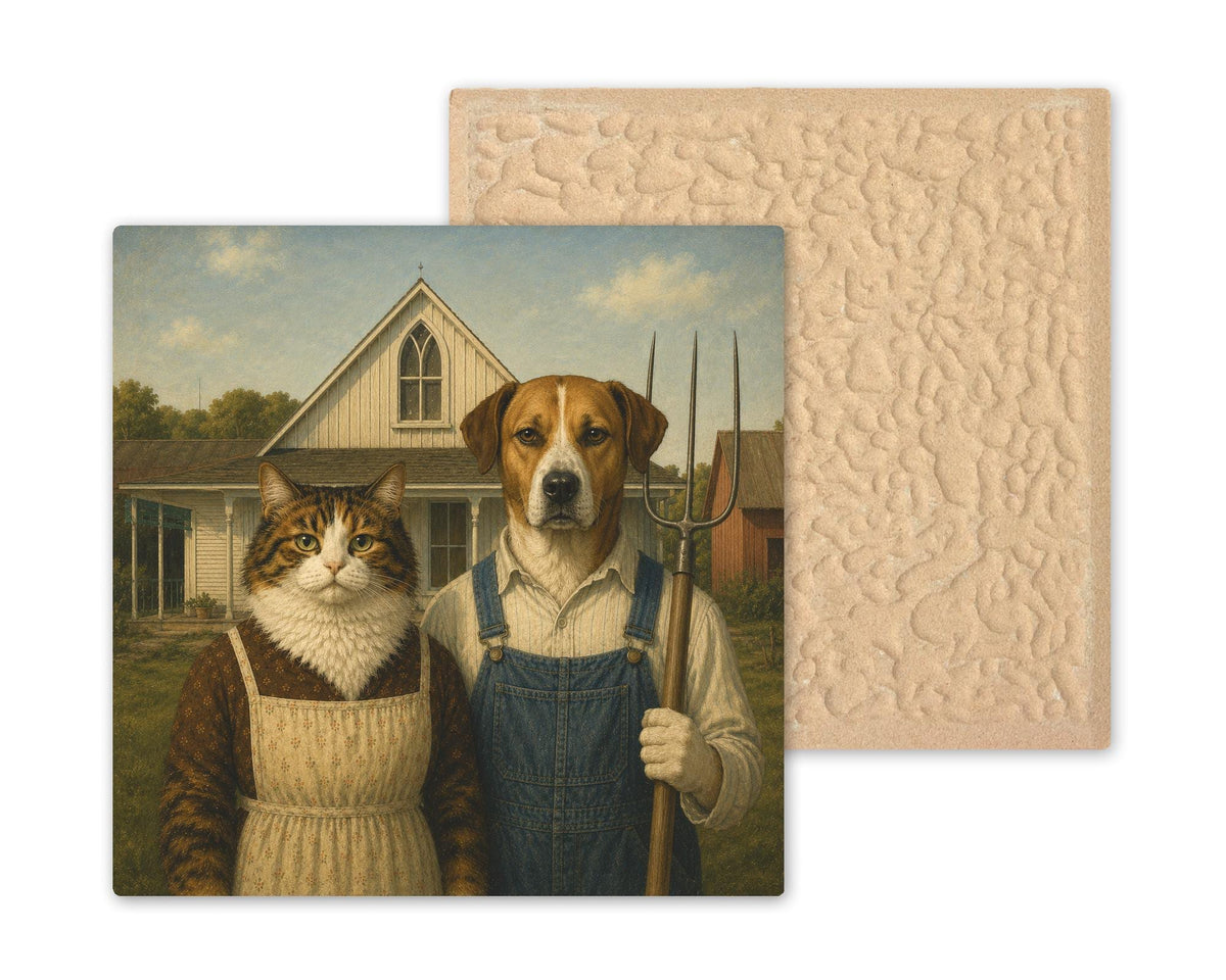 Funny Cat and Dog Ceramic Art Tile: American Gothic Pet Parody Wall Decor Art Lover Gift Quirky Farmhouse Home Decor Art