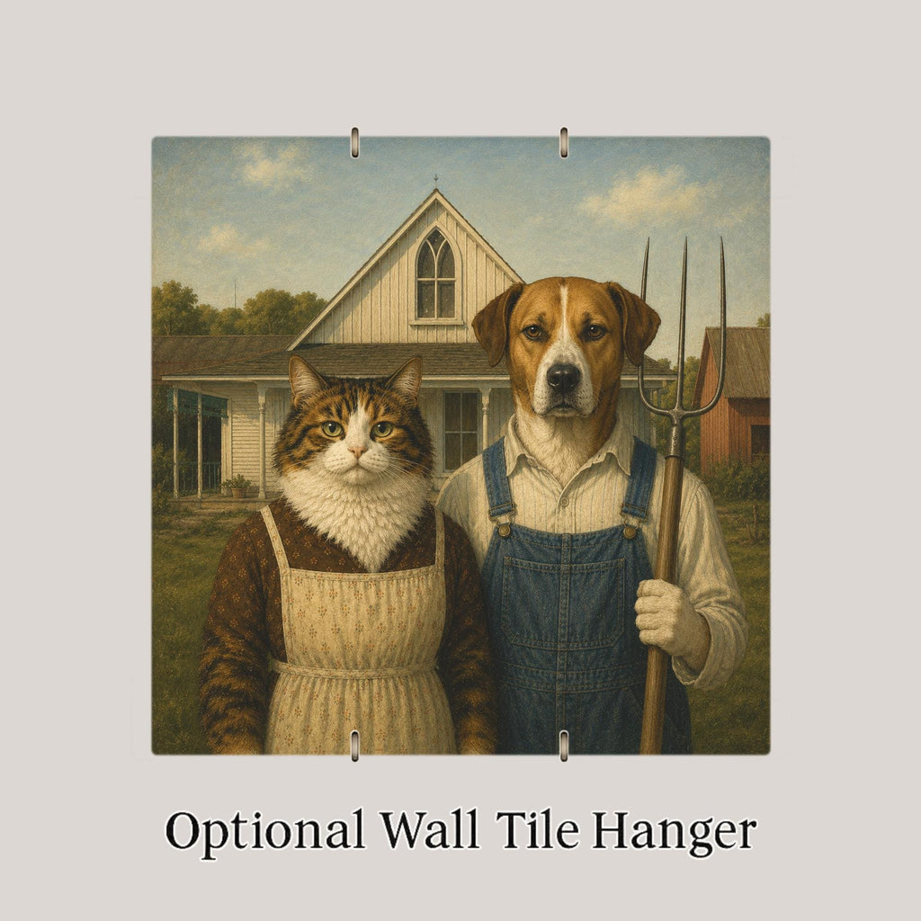 Funny Cat and Dog Ceramic Art Tile: American Gothic Pet Parody Wall Decor Art Lover Gift Quirky Farmhouse Home Decor Art