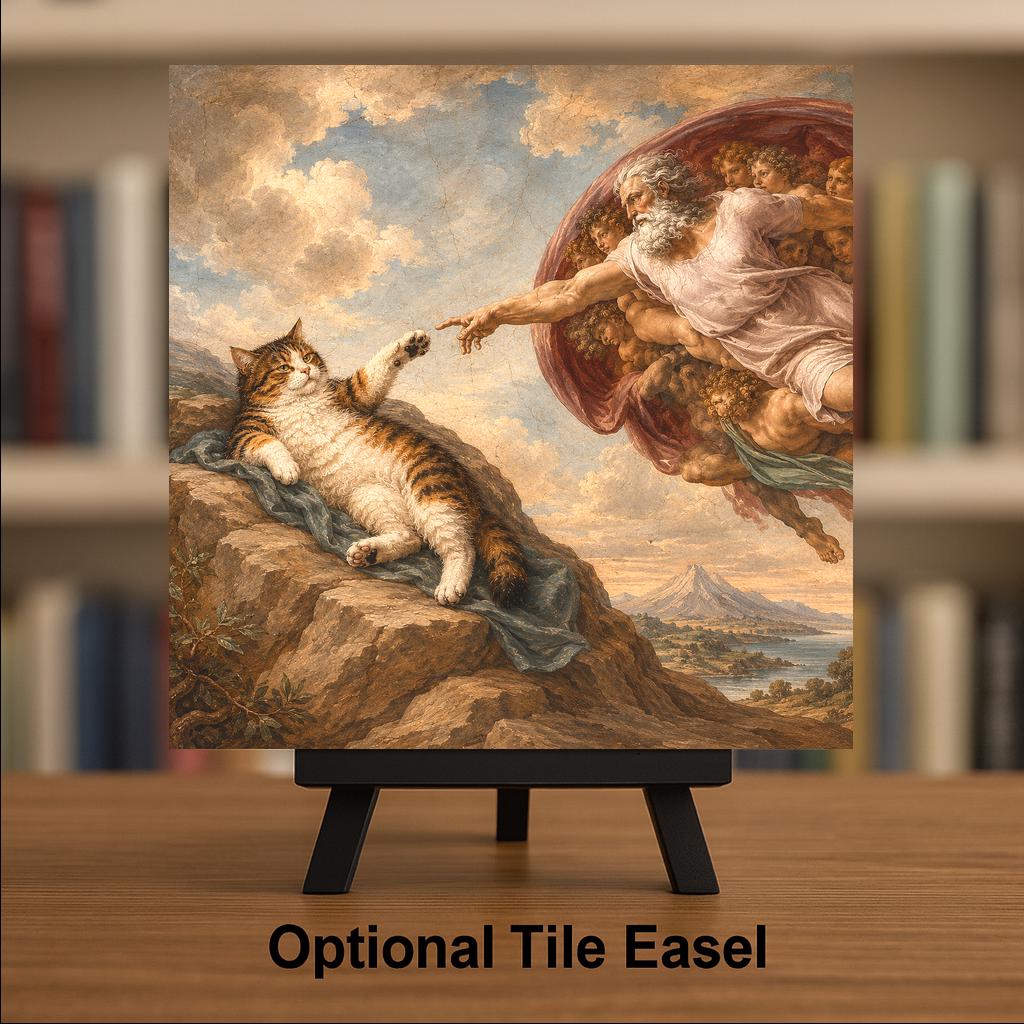 Funny Cat Ceramic Art Tile: Cat and the Creation of Adam Famous Painting Parody Wall Decor Art Lover Gift Quirky Home Decor