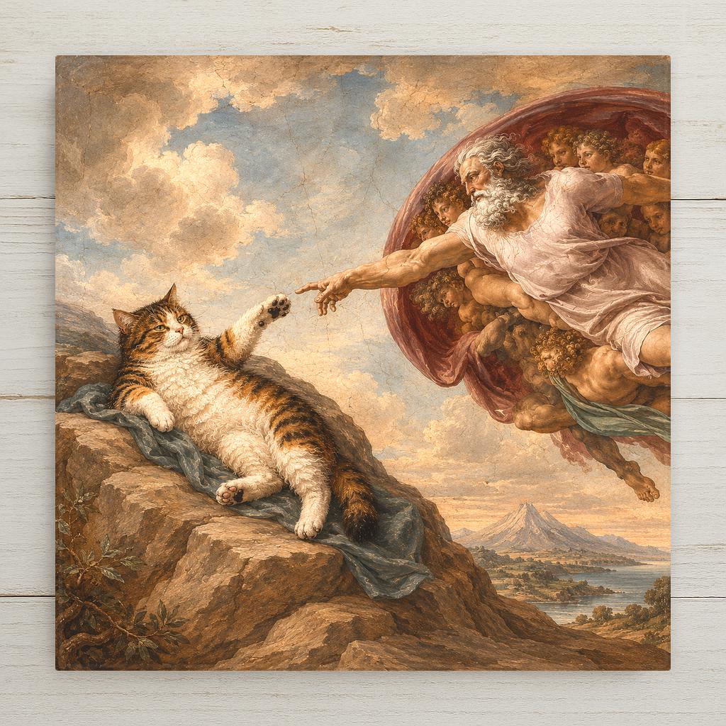 Funny ceramic art tile featuring a calico cat in place of Adam, lazily swatting at God's outstretched finger with total feline indifference, in Italian Renaissance fresco style, in terracotta, soft rose, cream, sage, and dusty blue. Art history parody cat lover gift with optional tile wall hanger, easel stand, cork backing, or display frame.