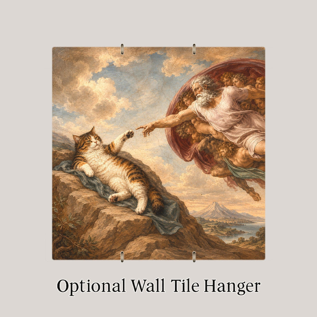 Funny Cat Ceramic Art Tile: Cat and the Creation of Adam Famous Painting Parody Wall Decor Art Lover Gift Quirky Home Decor