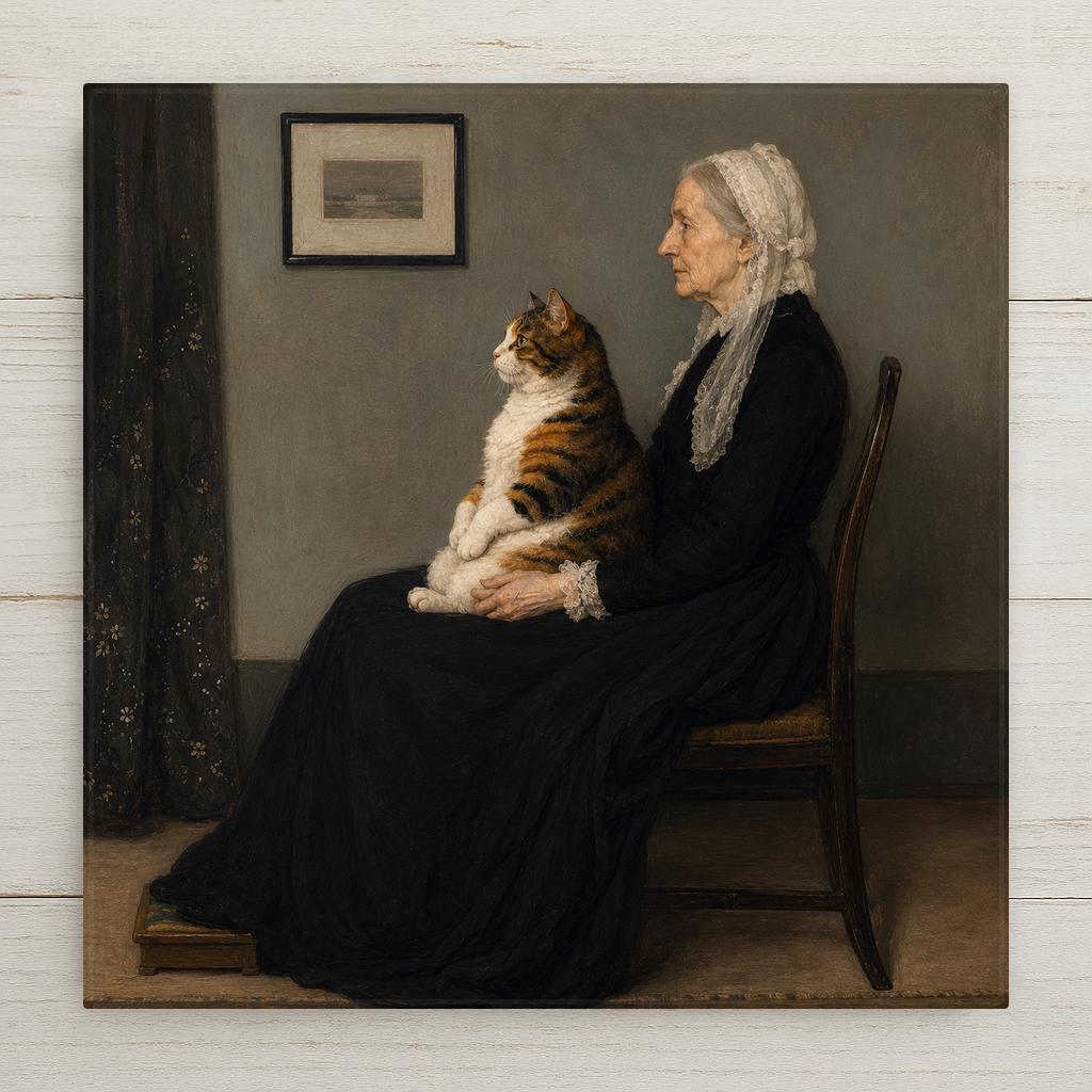 Funny ceramic art tile featuring a calico cat sitting bolt upright in the lap of the famous austere seated woman, both in matching severe profile and deadpan dignity, in spare Tonalist style, in charcoal, black, cream, and muted olive. Art history parody cat lover gift with optional tile wall hanger, easel stand, cork backing, or display frame.
