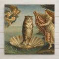 Funny ceramic art tile featuring a soaking-wet furious calico cat standing on the famous scallop shell where the goddess should be, ears flat and betrayed, in delicate Early Renaissance style, in seafoam green, pale blue, cream, rose, and gold. Art history parody cat lover gift with optional tile wall hanger, easel stand, cork backing, or display frame.