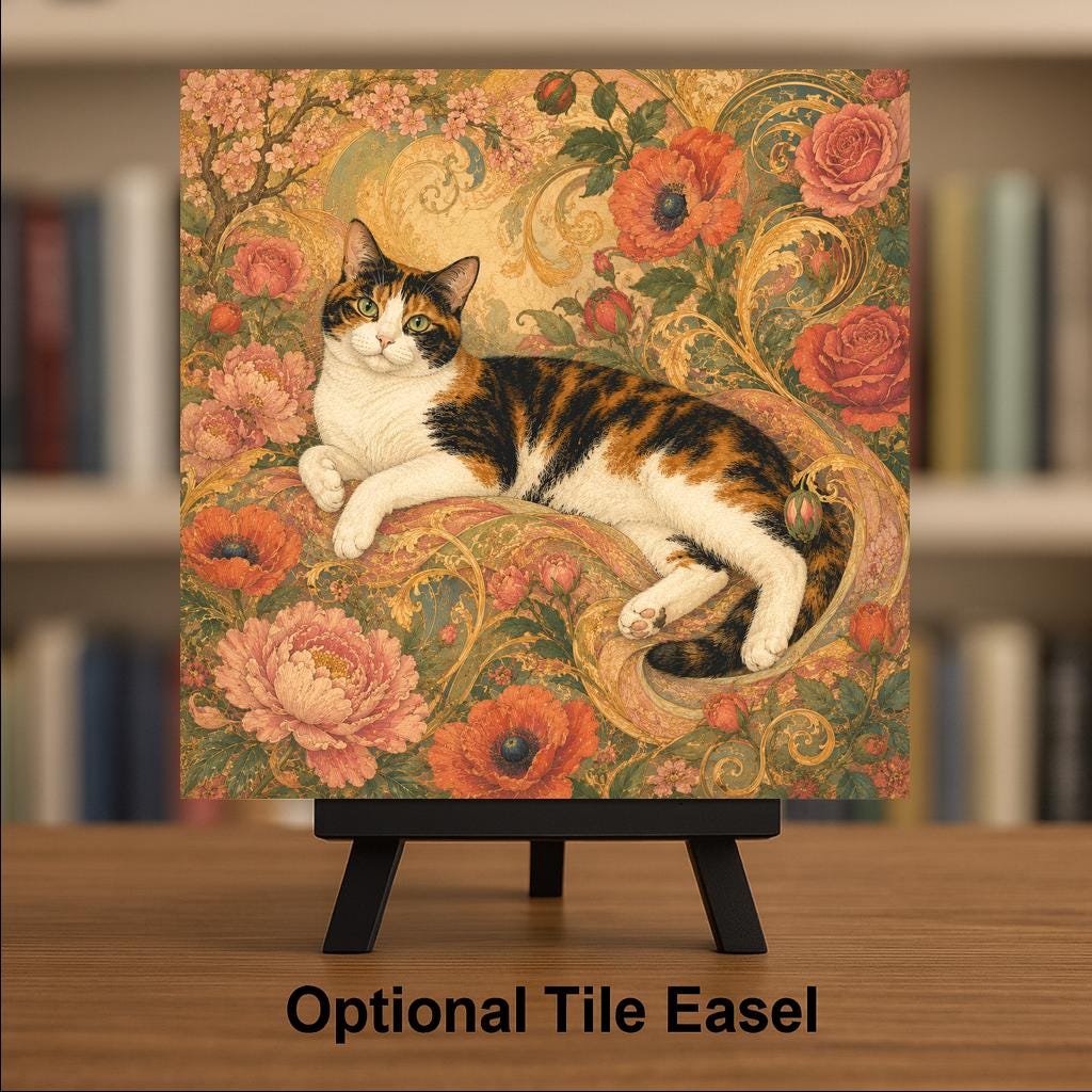 Art Nouveau Cat Ceramic Art Tile: Summer Goddess Floral Wall Decor Botanical Home Decor Cat Lover Gift Decorative Panel
