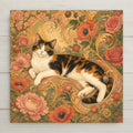 Art Nouveau ceramic art tile featuring an elegant calico cat as a Summer goddess among full-bloom roses, poppies, and peonies in flowing 1900 Parisian poster style, in rich rose, gold, coral, deep green, and cream. Decorative botanical cat lover panel with optional tile wall hanger, easel stand, cork backing, or display frame.
