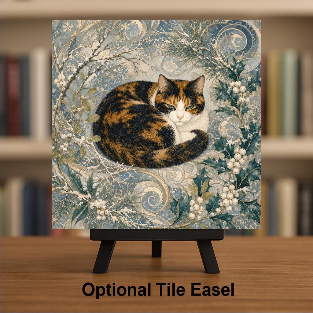 Art Nouveau Cat Ceramic Art Tile: Winter Goddess Floral Wall Decor Botanical Home Decor Cat Lover Gift Decorative Panel