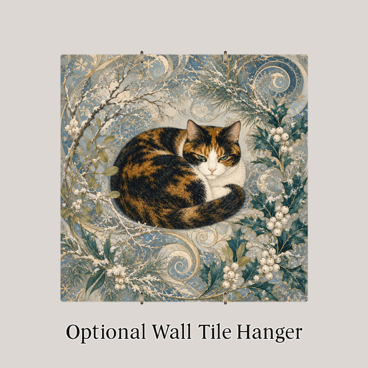 Art Nouveau ceramic art tile featuring an elegant calico cat as a Winter goddess among holly, evergreen boughs, and frosted branches in flowing 1900 Parisian poster style, in silver, ice blue, deep evergreen, white, and pale gold. Decorative botanical cat lover panel with optional tile wall hanger, easel stand, cork backing, or display frame.