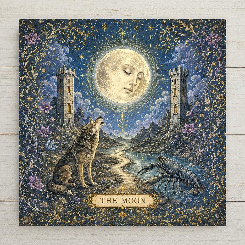 The Moon tarot ceramic art tile featuring a luminous full moon between two towers above a moonlit path in ornate vintage esoteric style, in midnight blue, silver, dusky purple, pale gold, and cream. Celestial mystical witchy decor and tarot lover gift with optional tile wall hanger, easel stand, cork backing, or display frame.