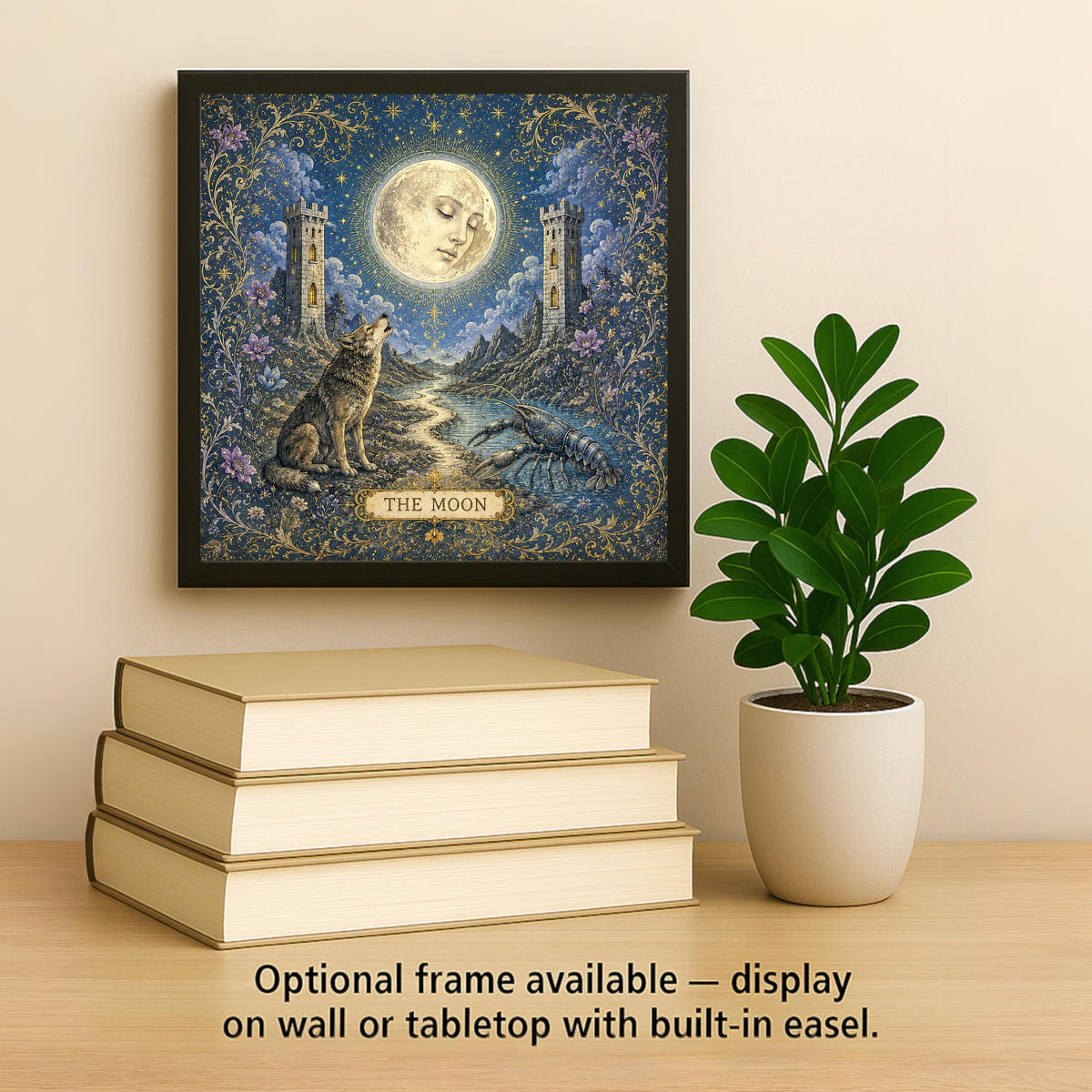 The Moon Tarot Wall Art Ceramic Tile Celestial Mystical Decor Vintage Esoteric Card Art Witchy Wolf Night Tile