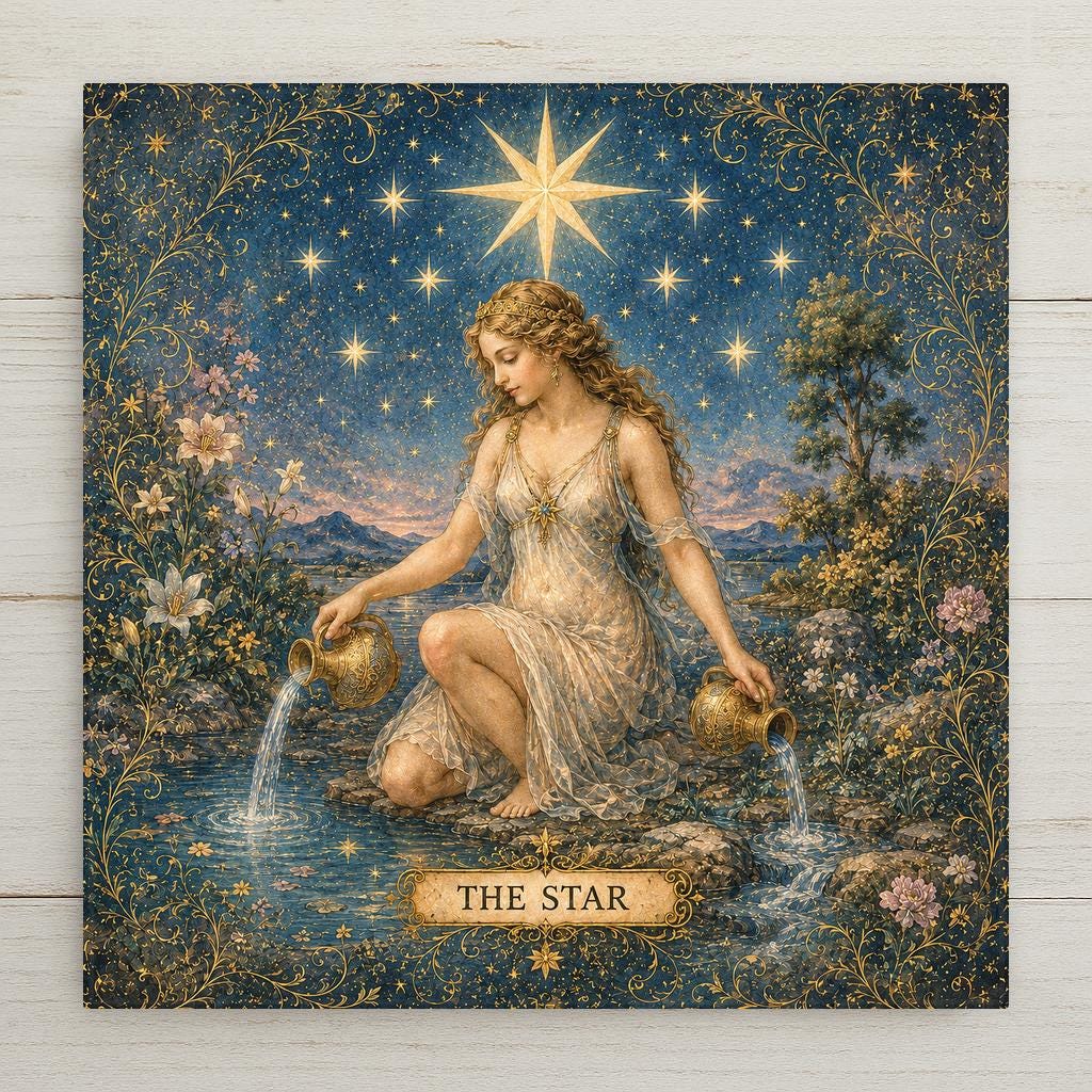 The Star tarot ceramic art tile featuring a serene figure beneath a great radiant star and seven smaller stars in ornate vintage esoteric style, in twilight blue, teal, silver, pale gold, soft rose, and cream. Celestial mystical witchy decor and tarot lover gift with optional tile wall hanger, easel stand, cork backing, or display frame.