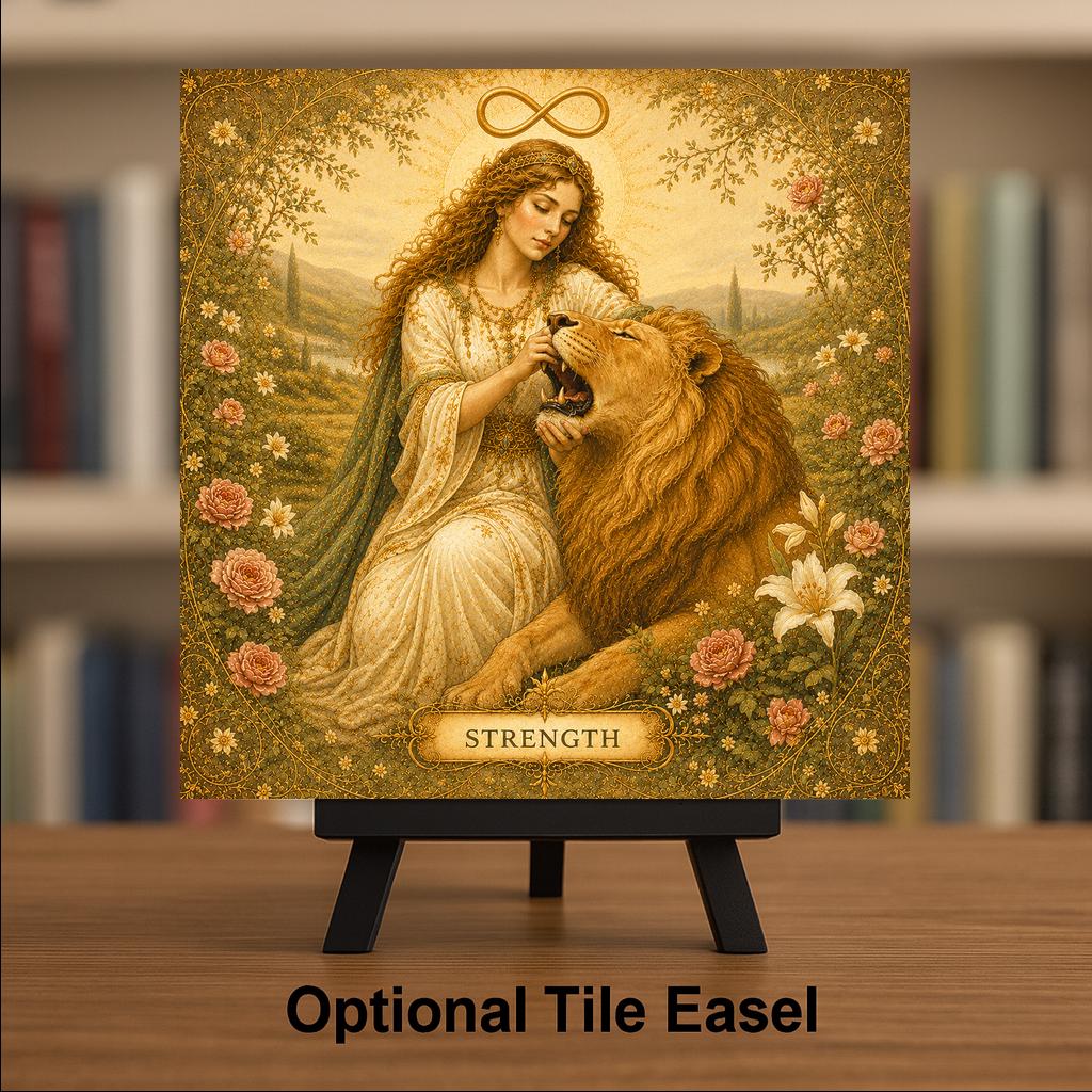 Strength Tarot Wall Art Ceramic Tile Mystical Decor Vintage Esoteric Card Art Lion Divine Feminine Witchy Boho Tile