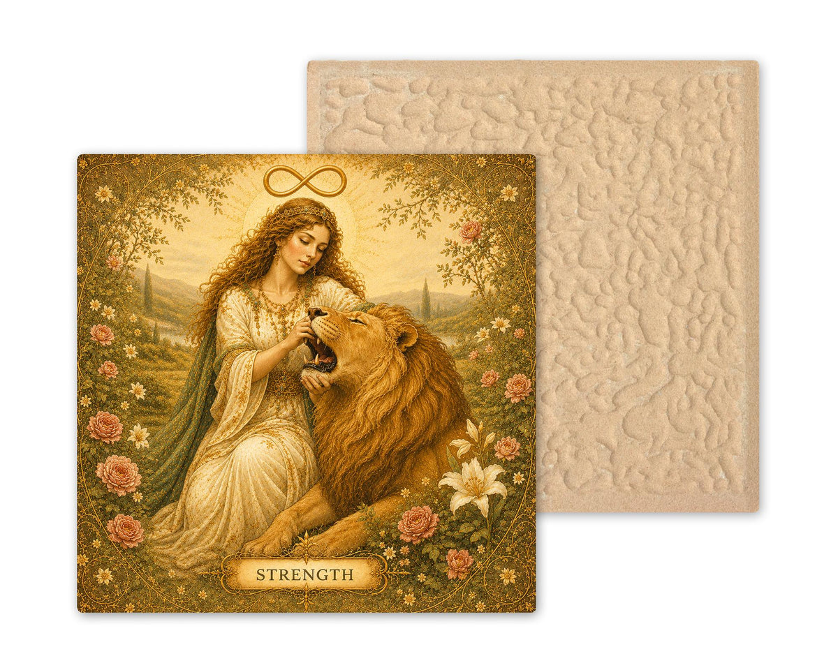 Strength Tarot Wall Art Ceramic Tile Mystical Decor Vintage Esoteric Card Art Lion Divine Feminine Witchy Boho Tile
