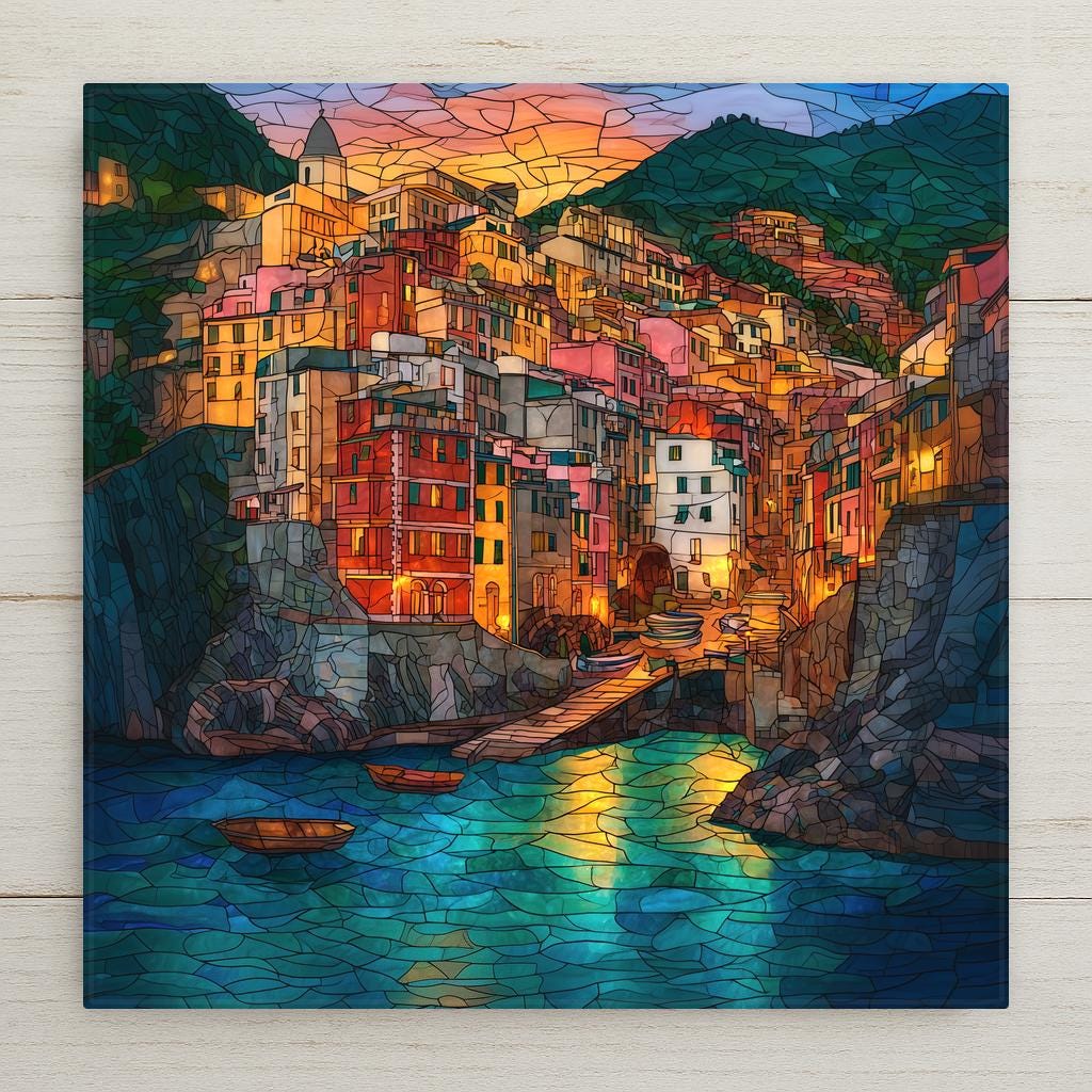 Cinque Terre ceramic art tile featuring Riomaggiore's colorful coral and yellow houses tumbling down the ravine to the marina, in bright Mediterranean daylight, in coral, sunny yellow, terracotta, turquoise, sage, and warm stone. Italian Riviera coastal travel gift with optional tile wall hanger, easel stand, cork backing, or display frame.