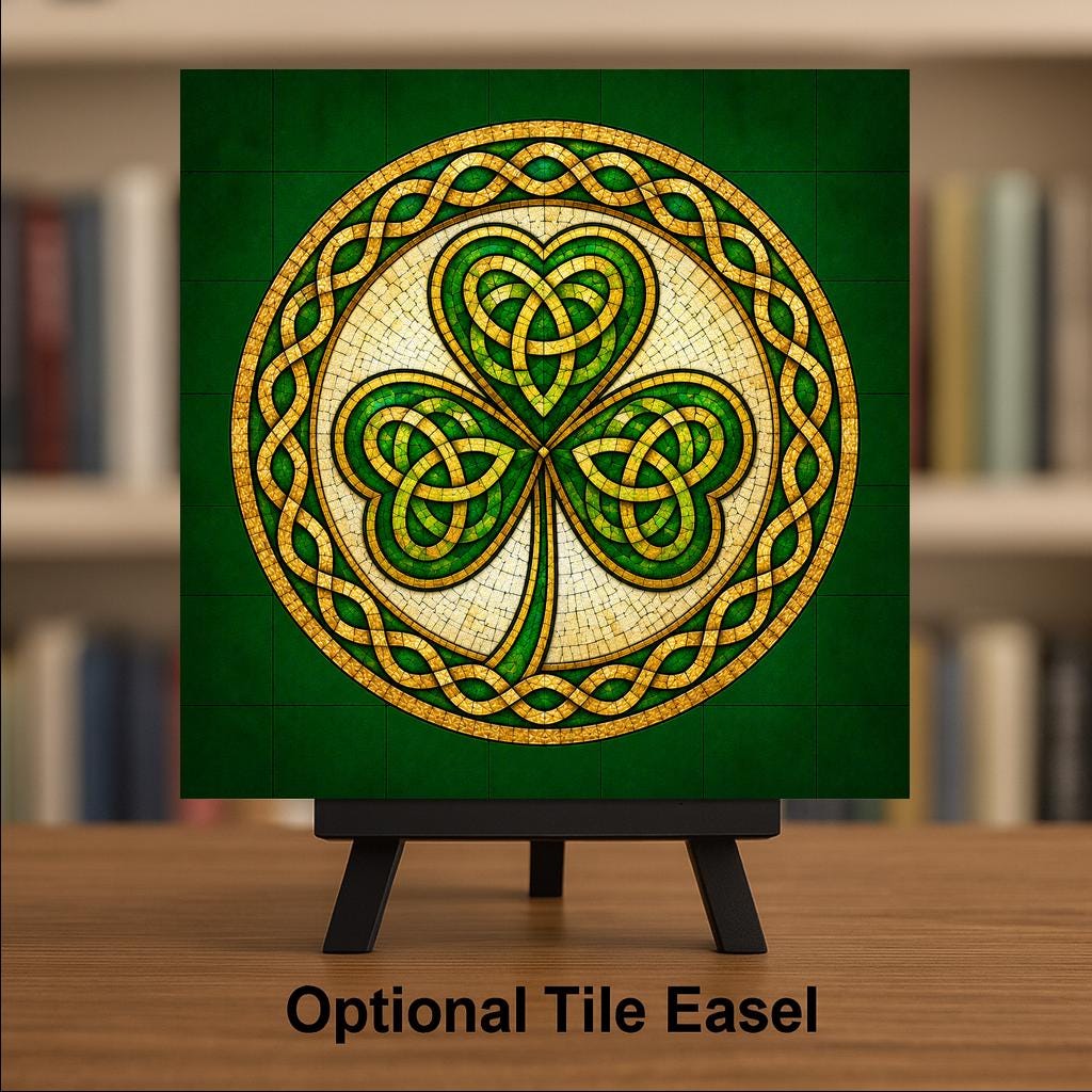 Celtic Shamrock Ceramic Art Tile: Irish Heritage Wall Decor Stained Glass Style Lucky Clover Gift Home Decor Tile Art