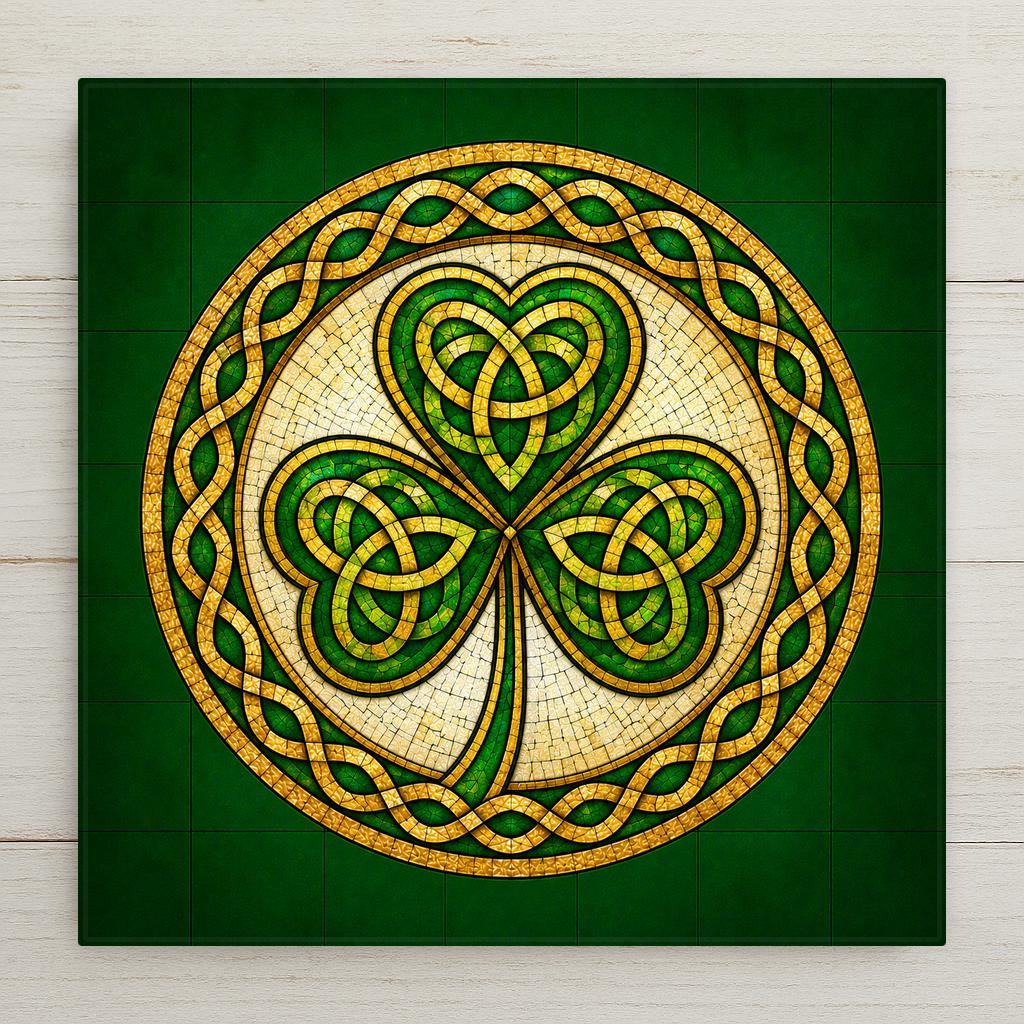 Celtic Shamrock ceramic art tile rendered as a luminous stained-glass mosaic with bold leaded outlines and intricate Celtic interlace knotwork, in emerald green, gold, and jewel tones. Irish heritage gift with optional tile wall hanger, easel stand, cork backing, or display frame.