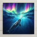 A single narwhal rises toward the surface with its long spiral tusk pointing up to a brilliant green and purple aurora, sunlight streaming through the water past pale Arctic ice.