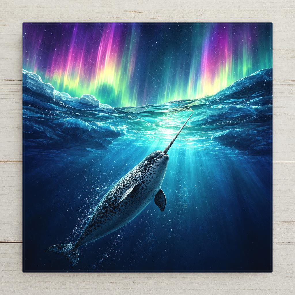 A single narwhal rises toward the surface with its long spiral tusk pointing up to a brilliant green and purple aurora, sunlight streaming through the water past pale Arctic ice.