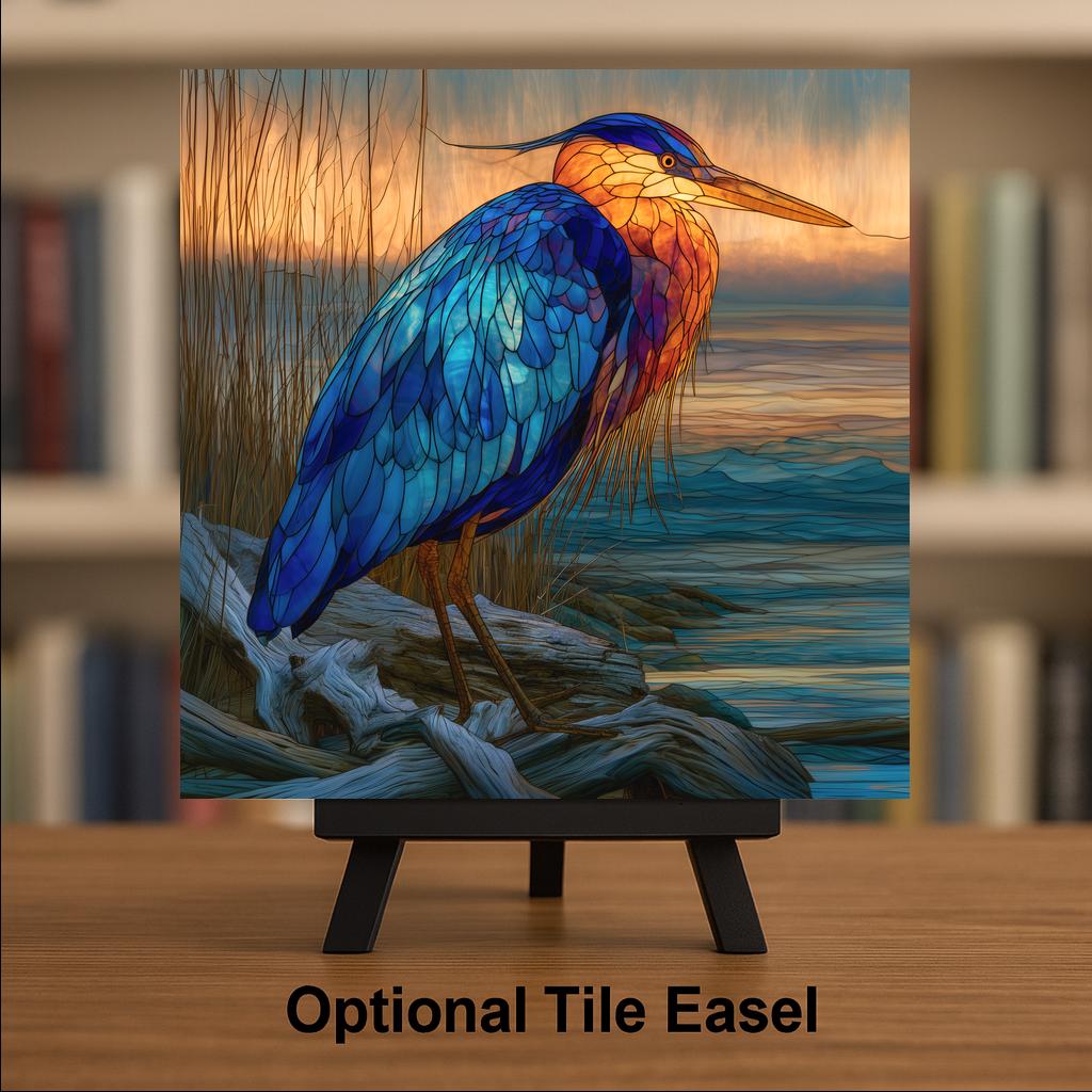 Heron Driftwood Ceramic Art Tile – Coastal Marsh Stained Glass Wall Art, Beach House Decor