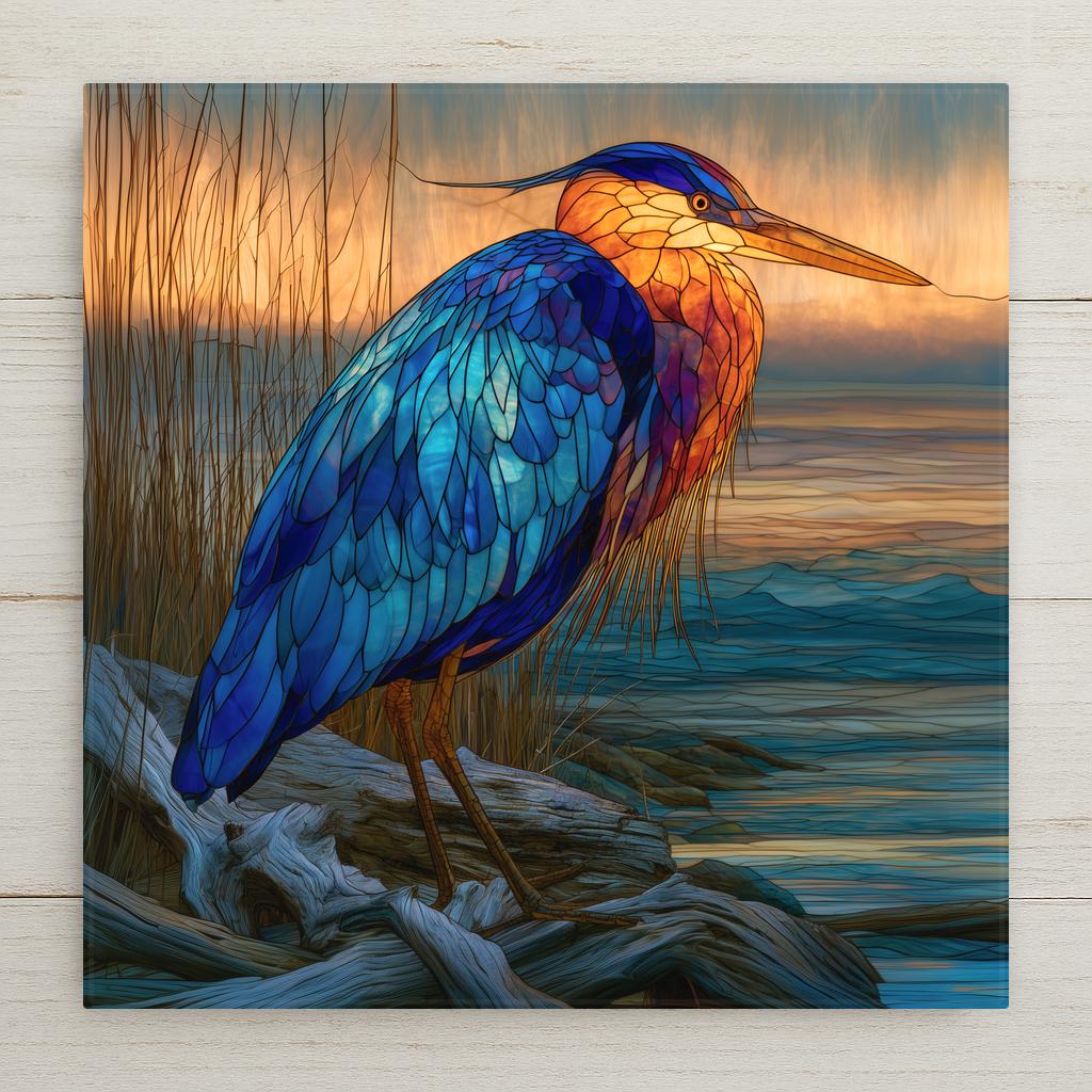 A great blue heron stands among weathered silver driftwood at the marsh shoreline, rendered in rich stained-glass-style jewel tones on a ceramic tile beneath a soft dawn sky.