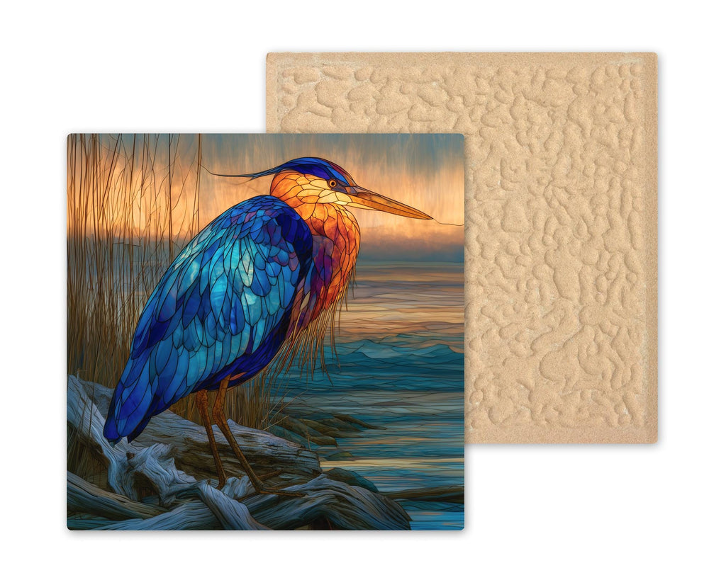 Heron Driftwood Ceramic Art Tile – Coastal Marsh Stained Glass Wall Art, Beach House Decor