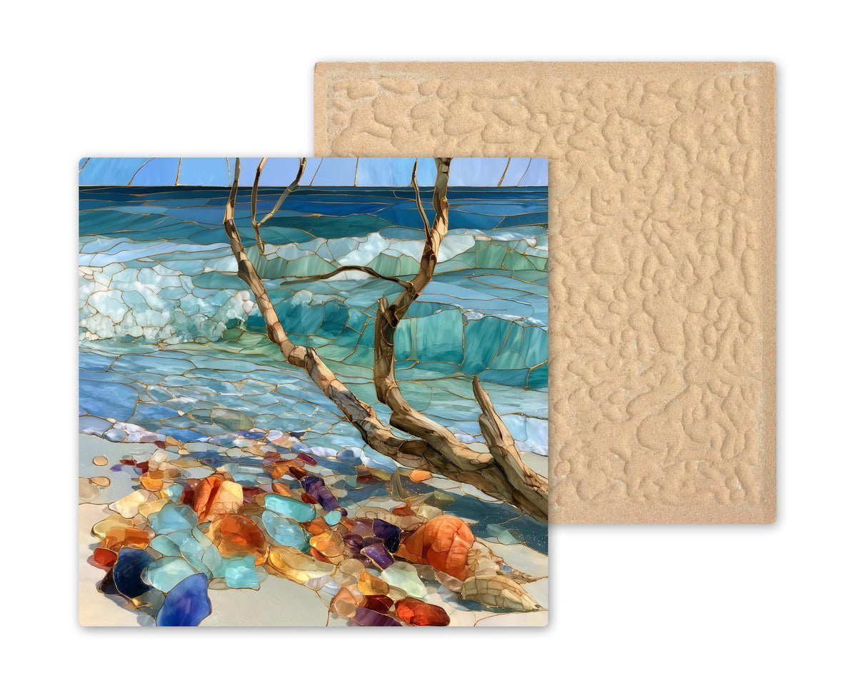 Driftwood Seashell Ceramic Art Tile – Coastal Beach Stained Glass Wall Art, Beach House Decor