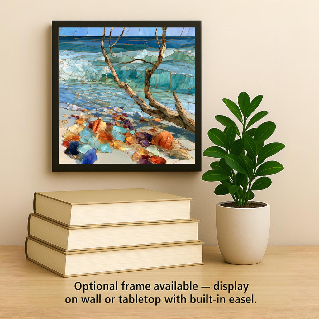 Driftwood Seashell Ceramic Art Tile – Coastal Beach Stained Glass Wall Art, Beach House Decor