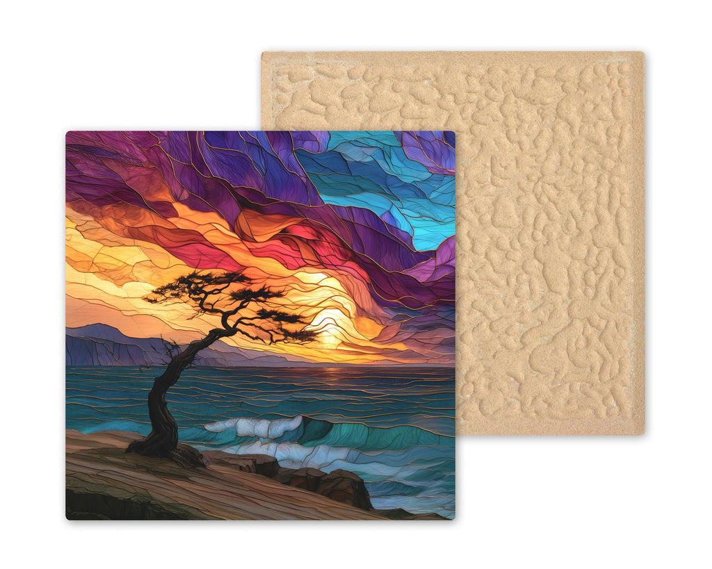 Driftwood Tree Ceramic Art Tile – Coastal Dune Stained Glass Wall Art, Beach House Decor
