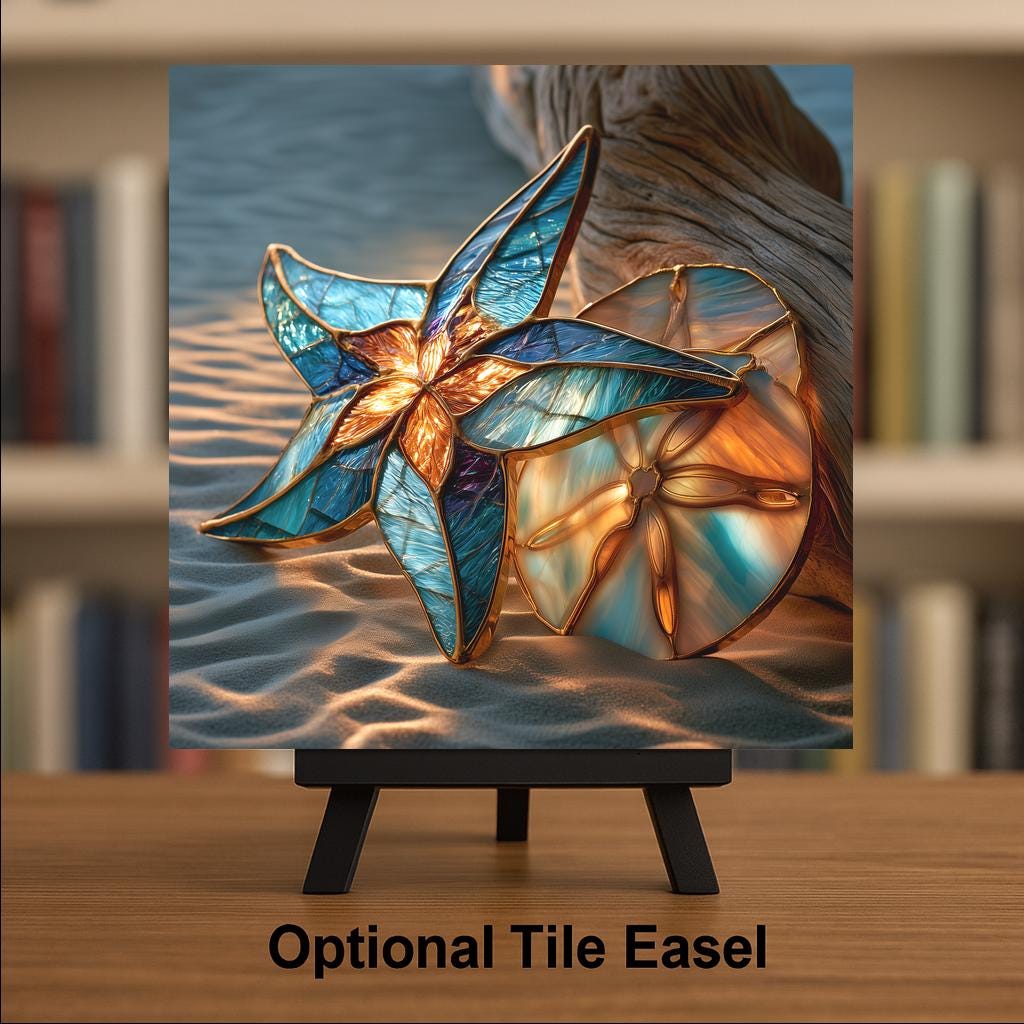 Starfish Sand Dollar Ceramic Art Tile – Coastal Beach Stained Glass Wall Art, Beach House Decor