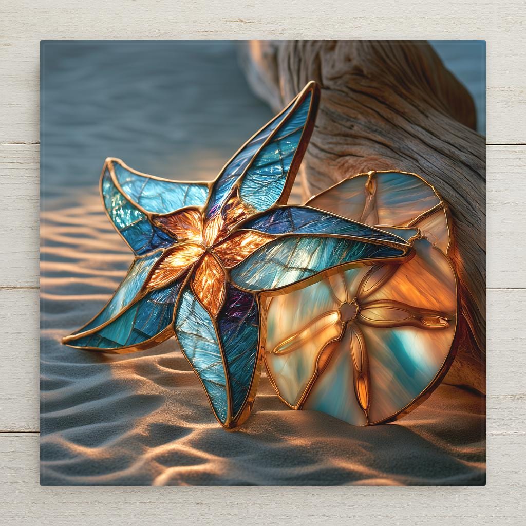 A starfish and sand dollar rest on rippled sand beside a piece of driftwood, rendered in soft seafoam and sand stained-glass-style tones on a ceramic tile.