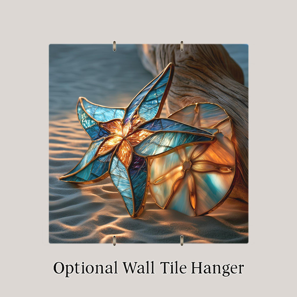 Starfish Sand Dollar Ceramic Art Tile – Coastal Beach Stained Glass Wall Art, Beach House Decor