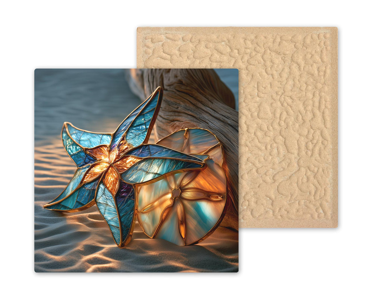 Starfish Sand Dollar Ceramic Art Tile – Coastal Beach Stained Glass Wall Art, Beach House Decor