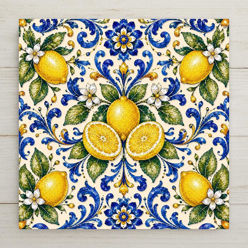A balanced majolica spray of whole and halved lemons with white blossoms and green leaves in cobalt blue and yellow on a soft cream tile.