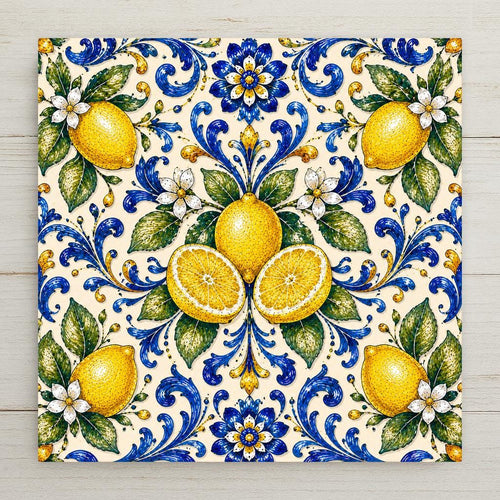 A balanced majolica spray of whole and halved lemons with white blossoms and green leaves in cobalt blue and yellow on a soft cream tile.