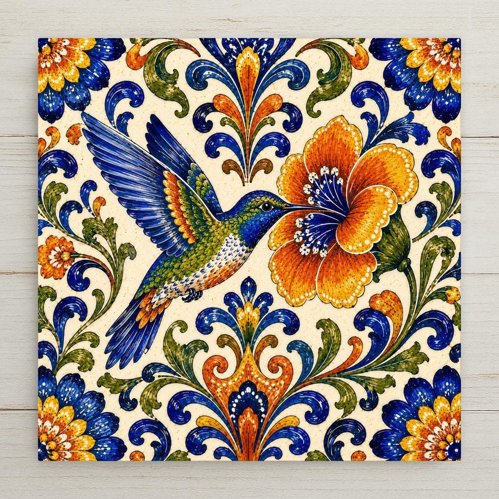 Talavera hummingbird ceramic tile wall art with a blue and green hummingbird feeding at an orange folk art flower, cobalt scrollwork on cream, Mexican folk art kitchen decor