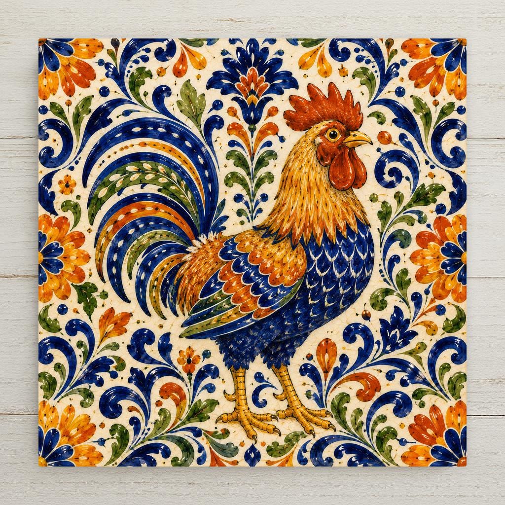 Hand-painted Talavera style ceramic art tile of a colorful rooster in cobalt blue, orange, and gold surrounded by dense Mexican folk art scrollwork on a cream background.
