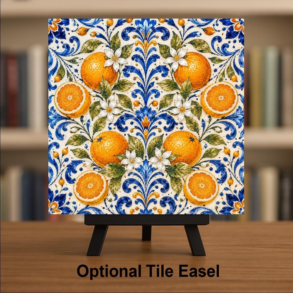 Orange Blossom Majolica Ceramic Tile | Mediterranean Kitchen Wall Art | Italian Citrus Patterned Tile | Cobalt Blue Decor