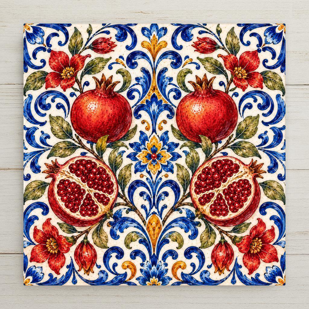 Majolica pomegranate ceramic tile with whole and cut red pomegranates among cobalt blue acanthus scrollwork and red flowers on cream, Italian folk art pattern kitchen wall decor