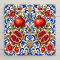 Majolica pomegranate ceramic tile with whole and cut red pomegranates among cobalt blue acanthus scrollwork and red flowers on cream, Italian folk art pattern kitchen wall decor