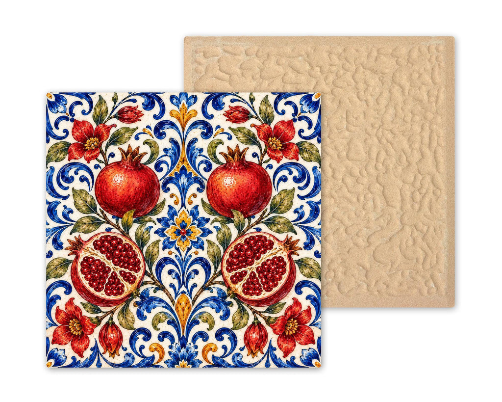 Pomegranate Wall Art Ceramic Tile Majolica Kitchen Decor Persephone Tile Red Cobalt Folk Art Pattern Backsplash Art