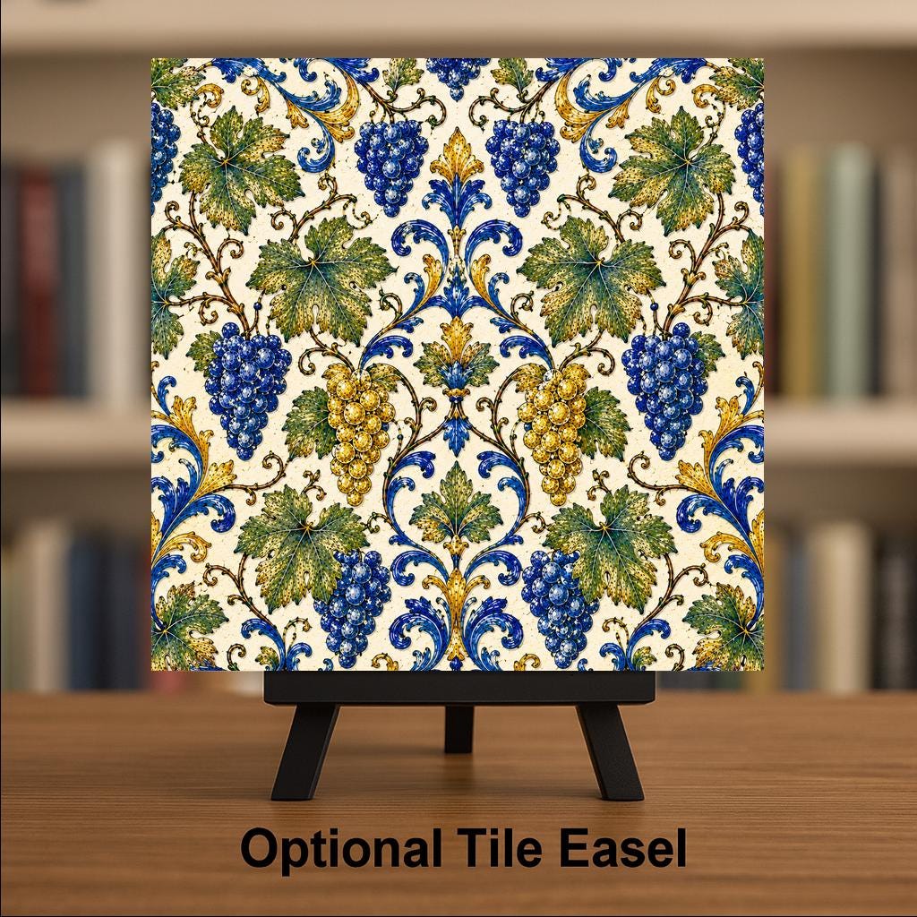 Grapevine Majolica Ceramic Tile | Tuscan Kitchen Wall Art | Italian Patterned Tile | Mediterranean Vineyard Decor