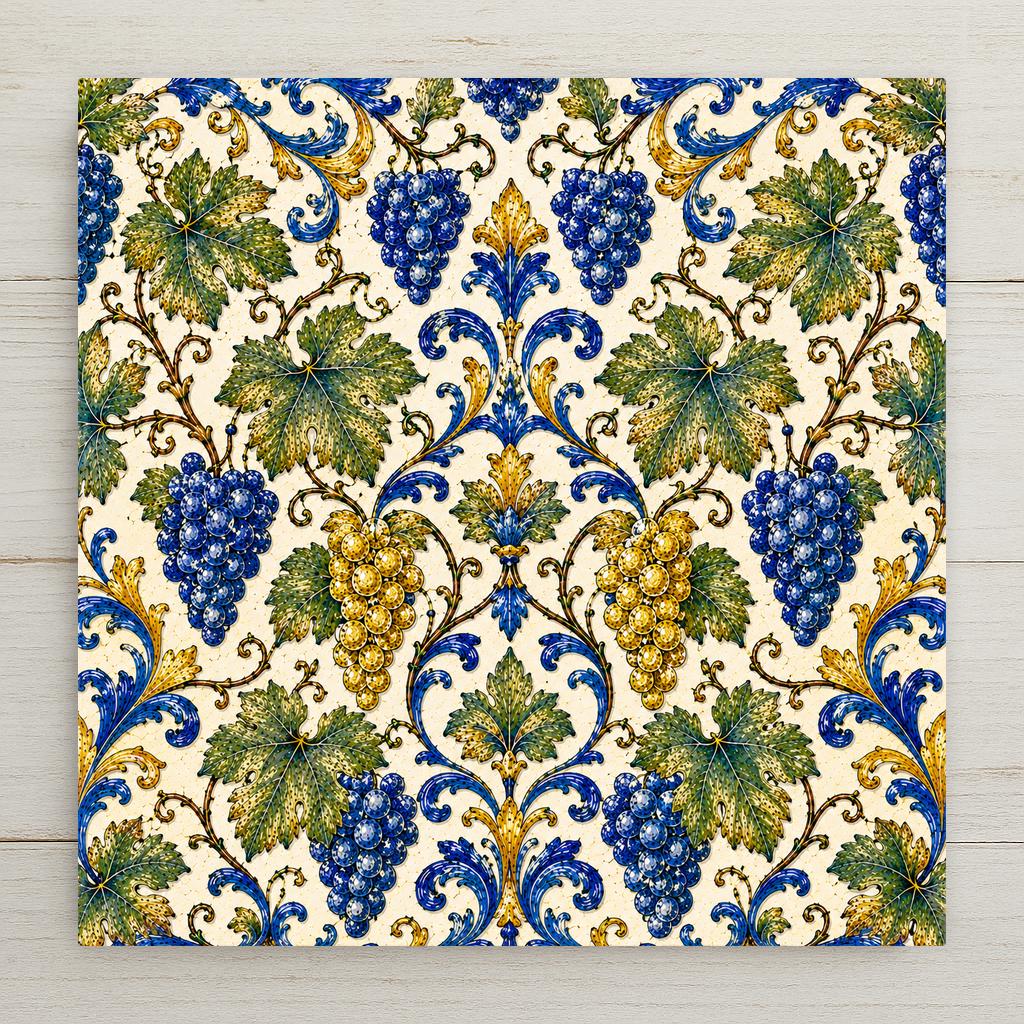A flowing majolica grapevine with grape clusters, curling tendrils, and broad leaves in cobalt blue, golden yellow, and sage green on a soft cream tile.