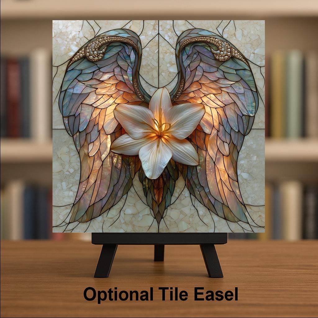 Angel Wings White Lily Wall Art Ceramic Tile Sympathy Stained Glass Style Luminous Opal Glass Spiritual Decor