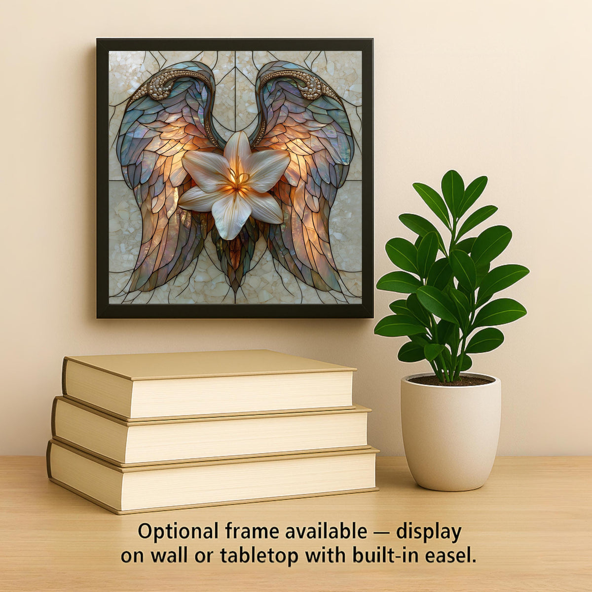 Angel Wings White Lily Wall Art Ceramic Tile Sympathy Stained Glass Style Luminous Opal Glass Spiritual Decor
