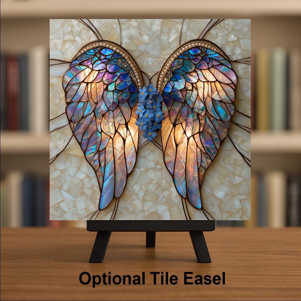 Angel Wings Forget Me Not Wall Art Ceramic Tile Remembrance Stained Glass Style Blue Opal Glass Floral Decor