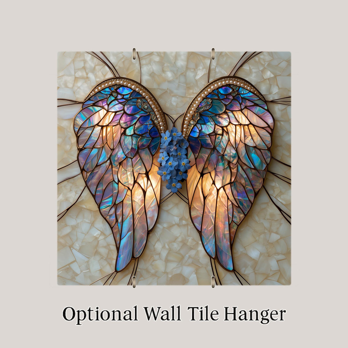 Angel Wings Forget Me Not Wall Art Ceramic Tile Remembrance Stained Glass Style Blue Opal Glass Floral Decor
