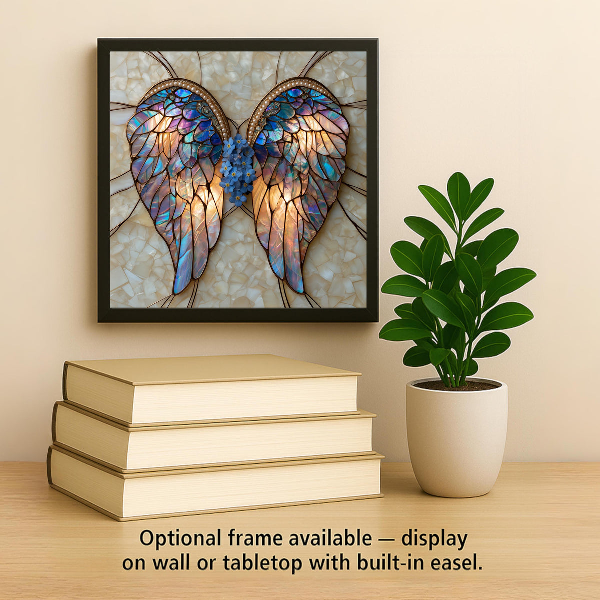 Angel Wings Forget Me Not Wall Art Ceramic Tile Remembrance Stained Glass Style Blue Opal Glass Floral Decor