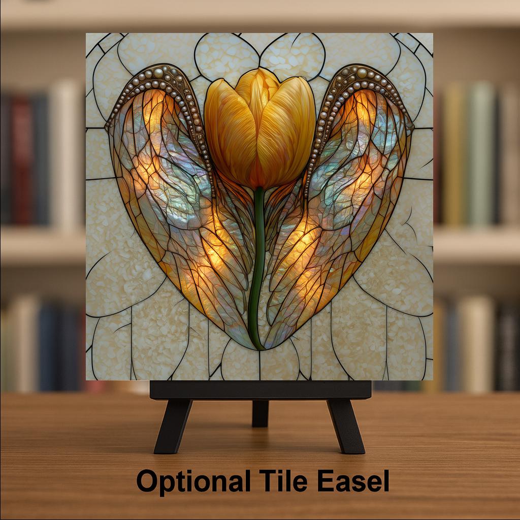 Angel Wings Yellow Tulip Wall Art Ceramic Tile In Memory Stained Glass Style Bright Opal Glass Floral Decor